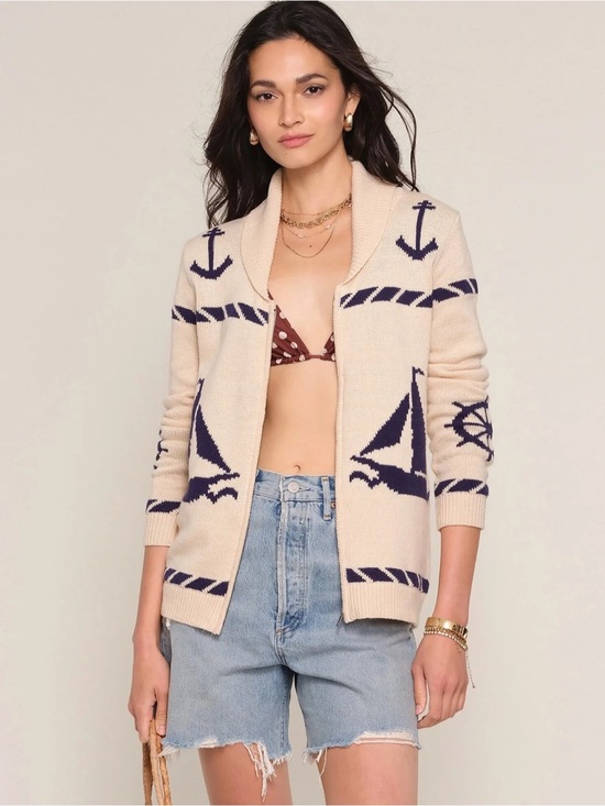Heartloom Sweaters - NWT Heartloom Trixie Anchor Boat Print Novelty Cardigan Beach Coastal Nautical